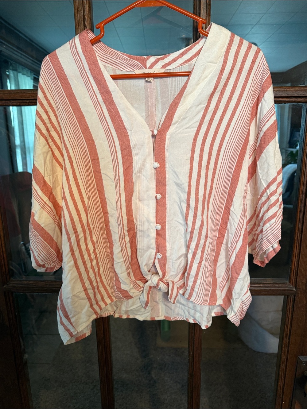 Sim & Sam Womens XL Terracotta Orange White Striped Tie Front Button Up Top